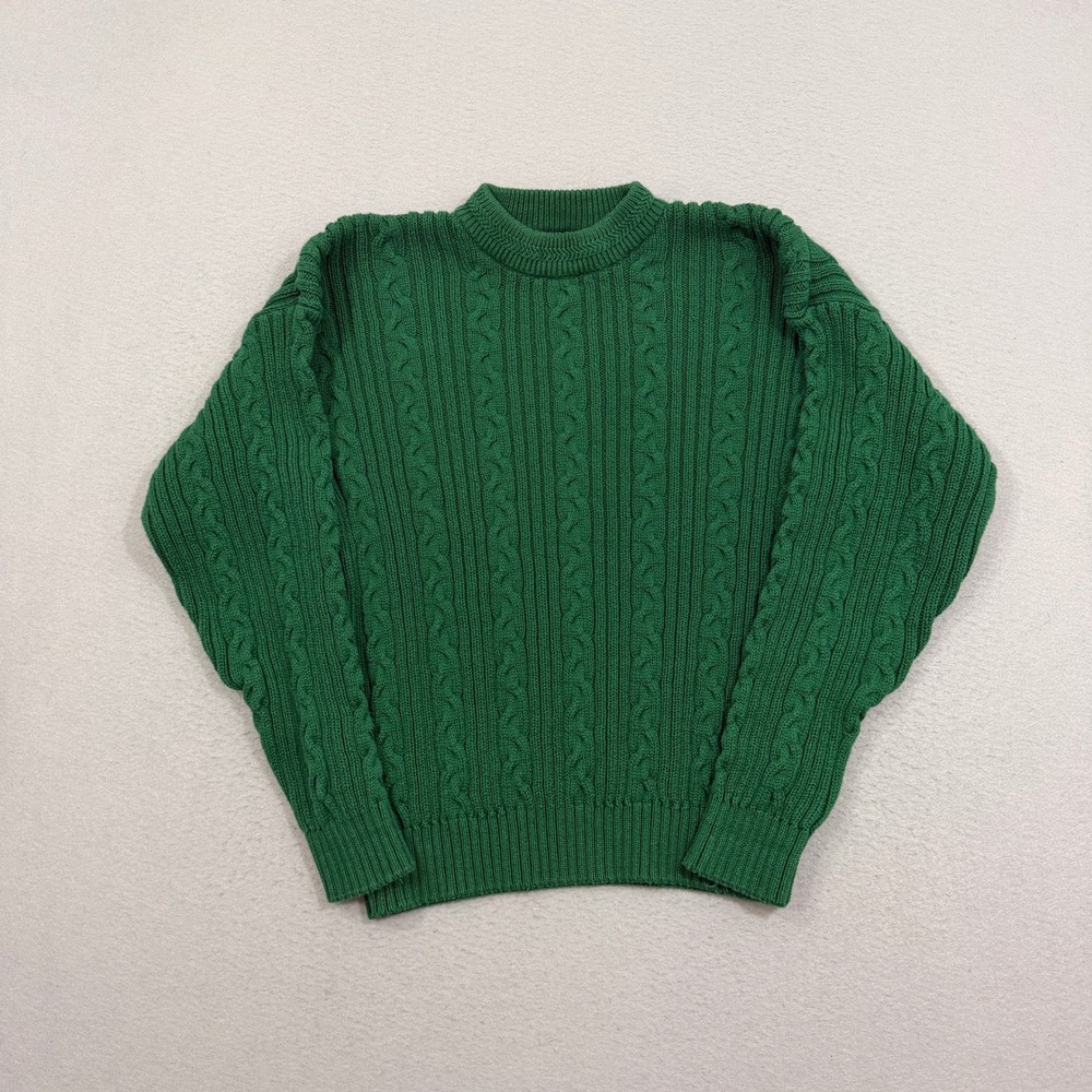 Vintage Eddie Bauer Sweater Men Large Green Cable Knit Cotton Crewneck Pullover